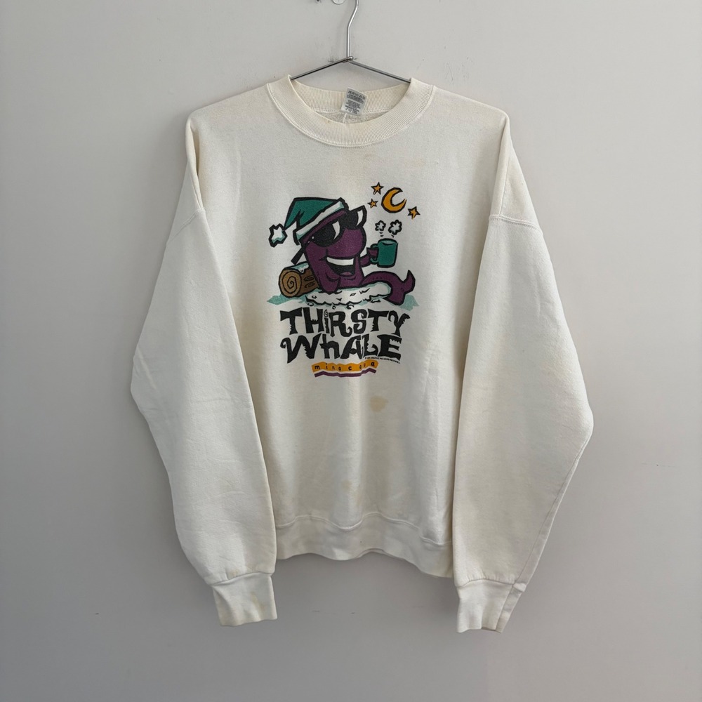 Fruit of the Loom Thirsty Whale Minocqua Crewneck Sweatshirt XL White Vintage